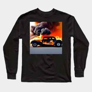 A Hot Rod Car With An Image Of A Guitar On The Side Surrounded By Fire And Smoke Long Sleeve T-Shirt